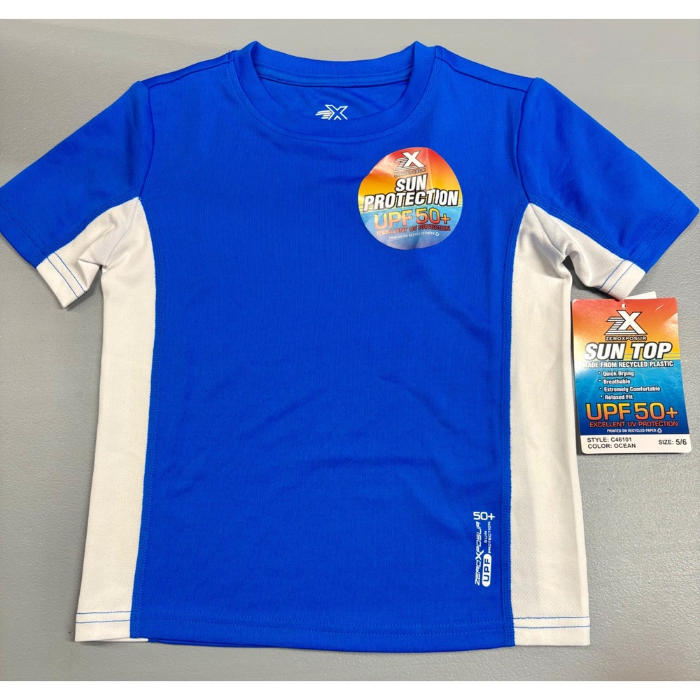 ZeroXposur Kids Sun Top Rash Guard UPF 50+ Blue White C46101 Size 5/6 NEW